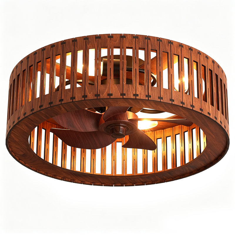 19.7" 4-Light Flush Mount Brown Wood Ceiling Fan Light, 5-Blade Rustic Fandelier with Remote Control and Reversible DC Motor for All-Season Use