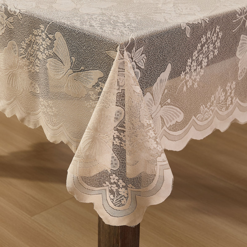 August Grove® Dearia Floral Lace Fabric Tablecloth, Lace Fabric Table Cloth for Round Tables, Wrinkle Resistant Tablecloth, Patterned Scalloped Tablecloth (Round)