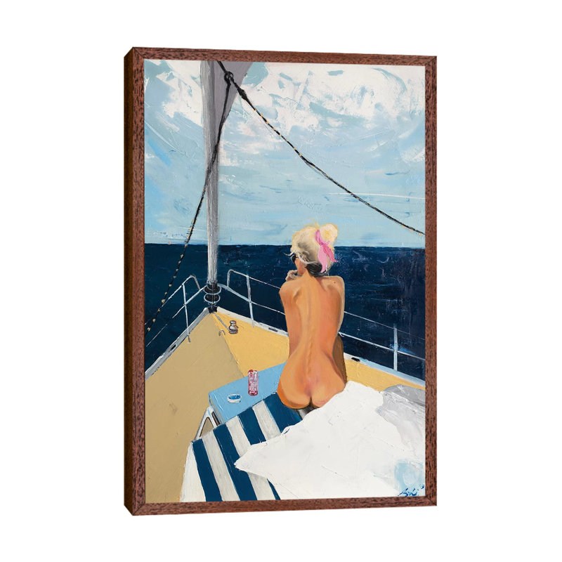 Girl On A Boat by Yura Ashi - Painting on Canvas, Classic Brown Wood Framed, 101.6cm H x 66.04cm W x 3.81cm D