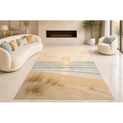 Tapis « ultra léger » grand format (201 x 300 cm) à motif gazon côtier Horizon, idéal pour le salon, la chambre à coucher et le bureau. Moquette douce à poils courts avec envers antidérapant en silicone, beige et bleu.