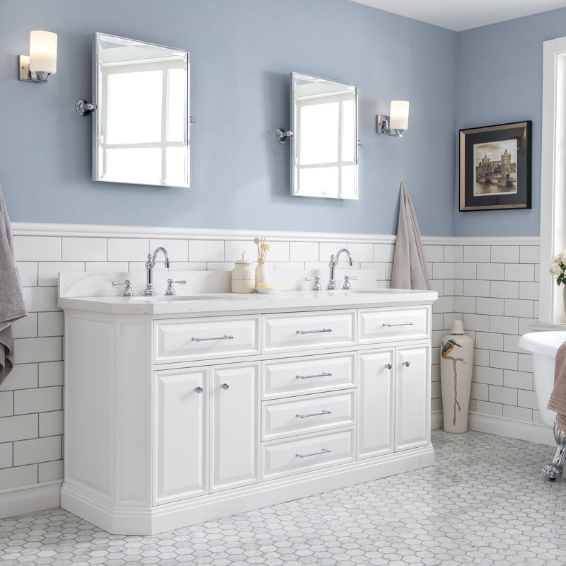 Bruning 72" Carrara Engineered Marble Countertop Bath Vanity with Faucet, Chrome Deck Mount, Pure White, Hook