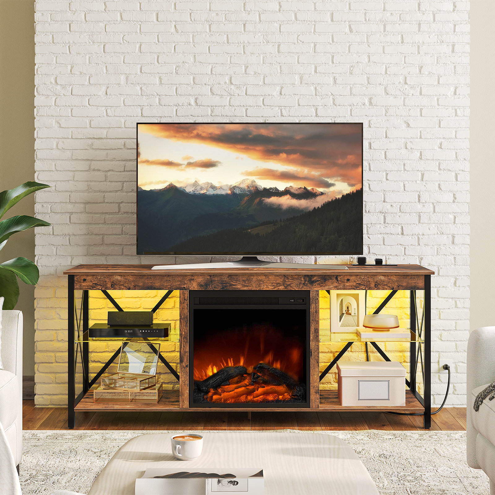 17 Stories Octavien Electric Fireplace TV Stand with Glass Shelves, TV