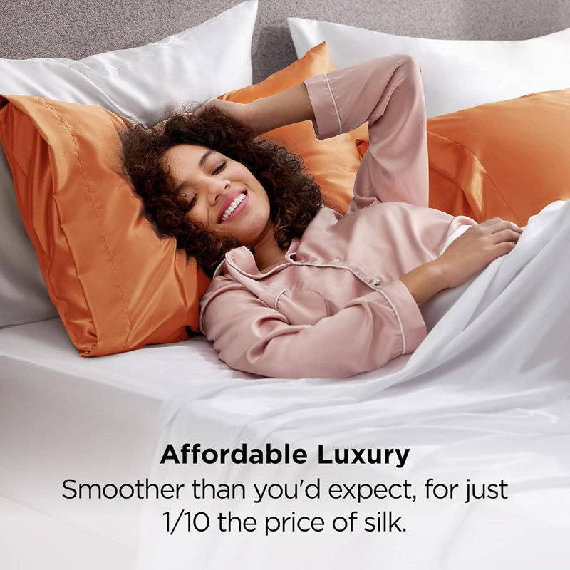 Satin Pillowcase Set of 2, 300 Thread Count , Gray Sand,GentleSoft™️, Queen Pillow Case, Orange