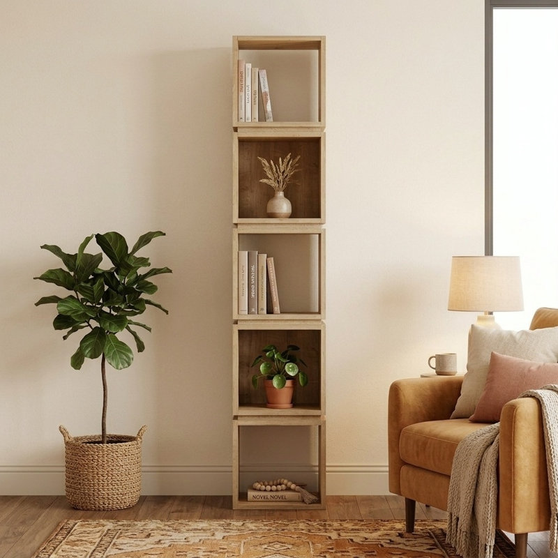 Channelle Freestanding 5-Tier Narrow Bookcase with Modern Design, Oak