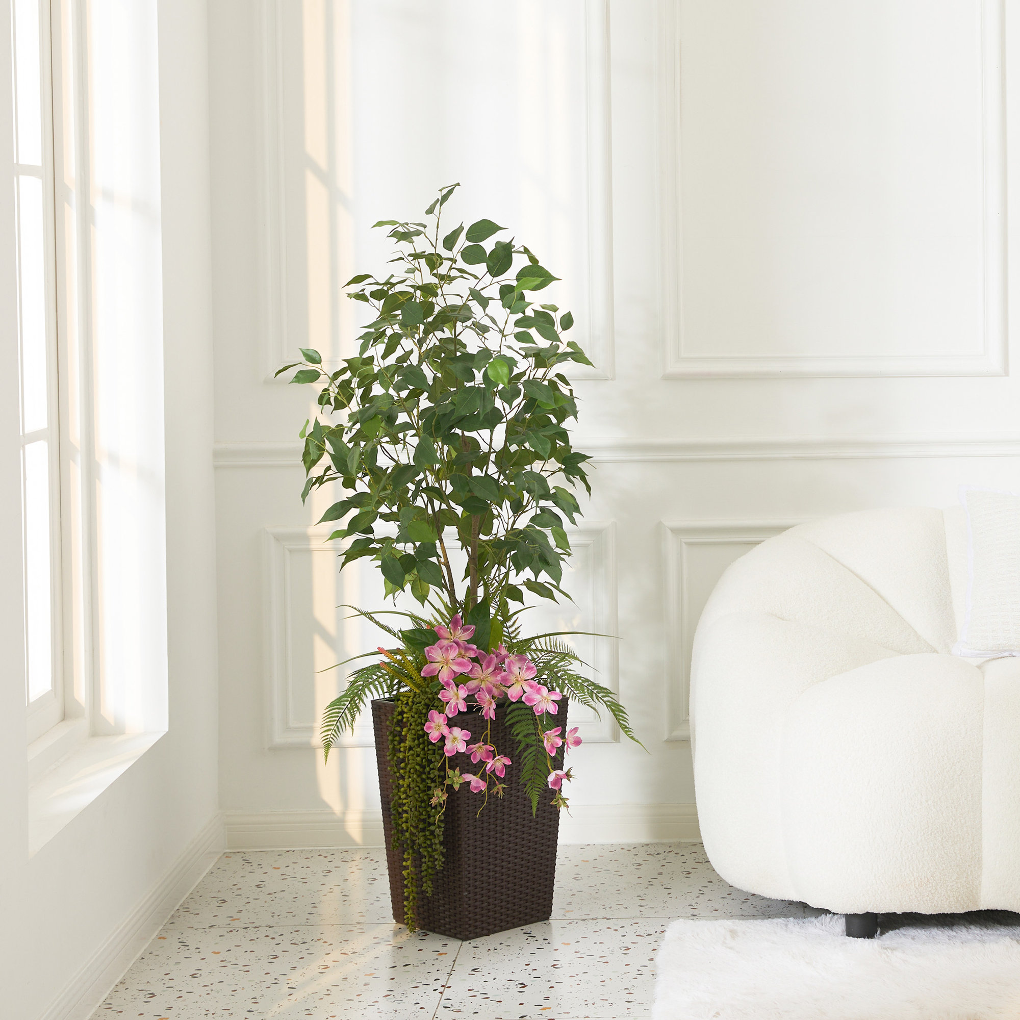 Adcock Artificial Ficus Tree 4FT - UV Resistant Faux Plants with Tapered Planter and Decorative Plants, Brown