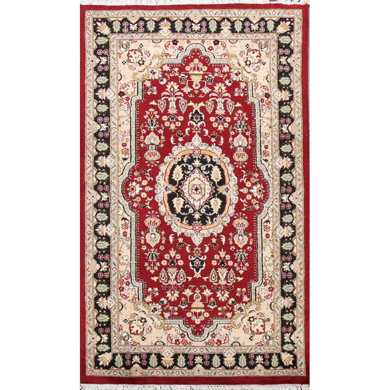 Tapis rouge en laine noué à la main de conception unique 3 pi x 5 pi 2 po New Age