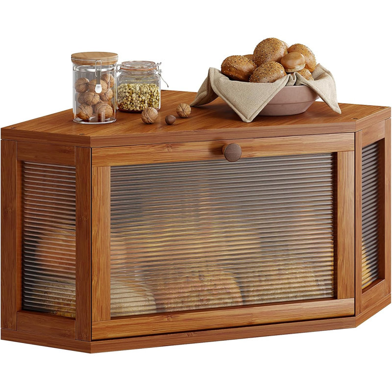 Corner Bread Box For Kitchen Countertop, Bamboo Bread Storage Container, Large Farmhouse Bread Holder
