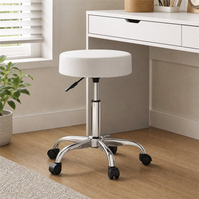 White 360° Swivel Round Rolling Stool Chair with Wheels, Height Adjustable Ergonomic Stool with Thick PU Leather Cushion, 500 LBS Weight Capacity for Salon, Spa, Clinic & Medical Use