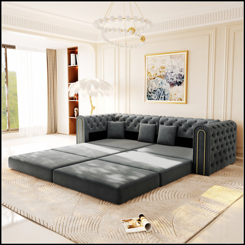 Canapé-lit polyvalent convertible trois places avec pouf amovible et capitonnage à boutons pour les espaces de vie modernes