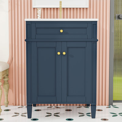 Meuble-lavabo de salle de bain avec lavabo en céramique, tablette réglable, tiroir basculant et portes à fermeture en douceur