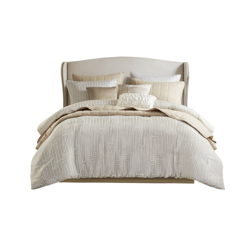 Ensemble d'édredon 10 pièces Royce Luxury Jacquard, Édredon pour très grand lit + 9 pièces supplém, Ivoire ivoire