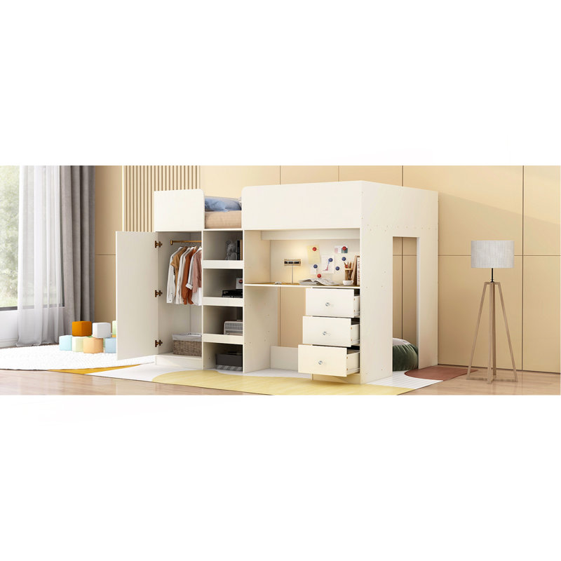 Lit mezzanine en bois avec garde-robe intégré, bureau, tablettes de rangement et tiroirs, Beige