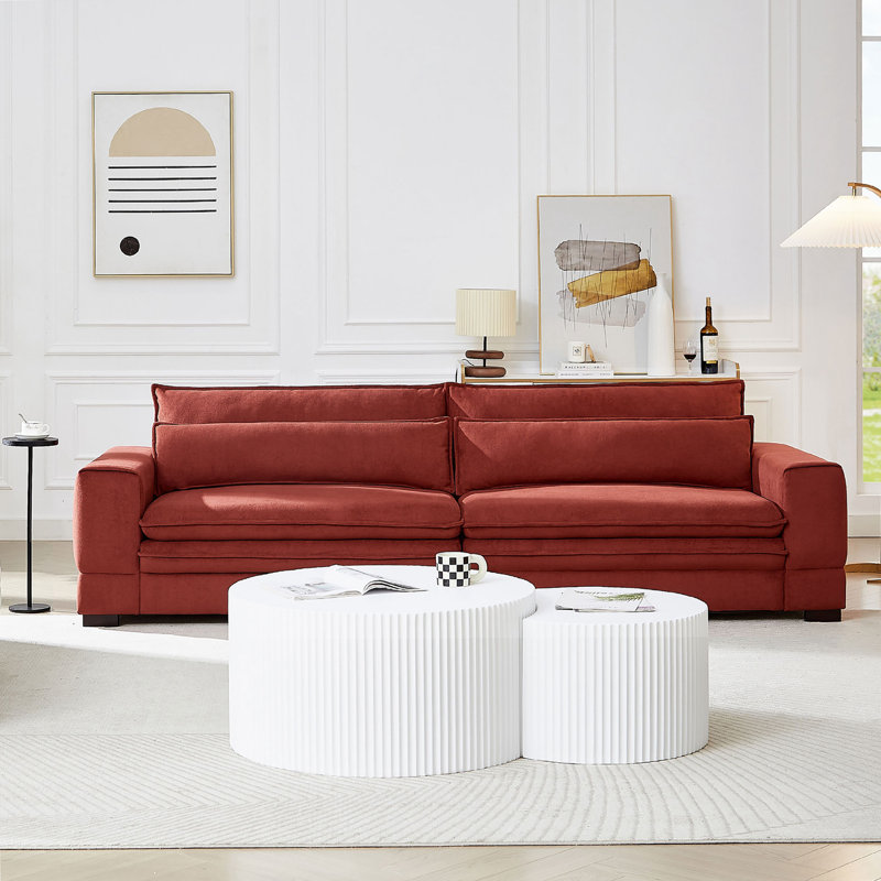 Mid-Century Modern 4-Seater Upholstered Sofa Couch for Living Room Bedroom Apartment and Home Office, Red Fabric