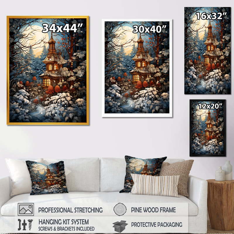 «Calm Retreat Cottage In Winter II», art mural paysage d'hiver, Cadre flottant doré, H 32 po x l 16 po x P 1 po
