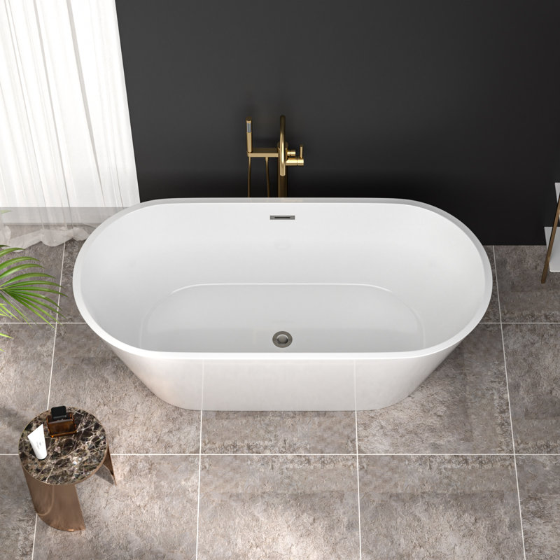 63" x 29.5" Freestanding Soaking Acrylic Bathtub with Drain and Overflow