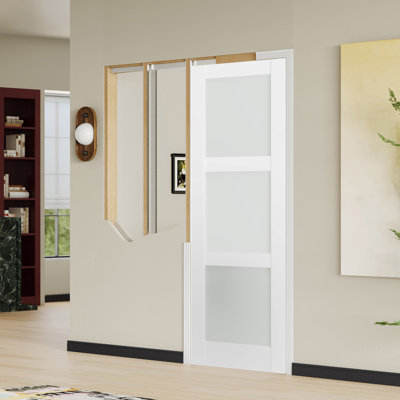 Pocket Door Frame Kit For 2×4 Stud Walls - Soft Close Sliding Hardware System With White 3-Lite Frosted Glass Slab Door Included