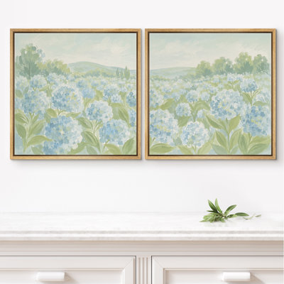 Doux bleu vert champ de fleurs d'hortensia, ensemble encadré sur toile, œuvre d'art de la chambre principale, 2 pièces