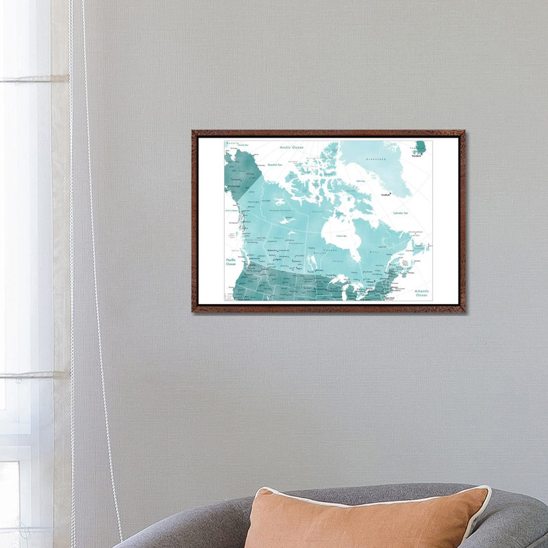Map Of Canada In Teal by Blursbyai - Gallery-Wrapped Canvas Giclée on Canvas, 66.04 cm H x 45.72 cm W, Classic Wood Framed
