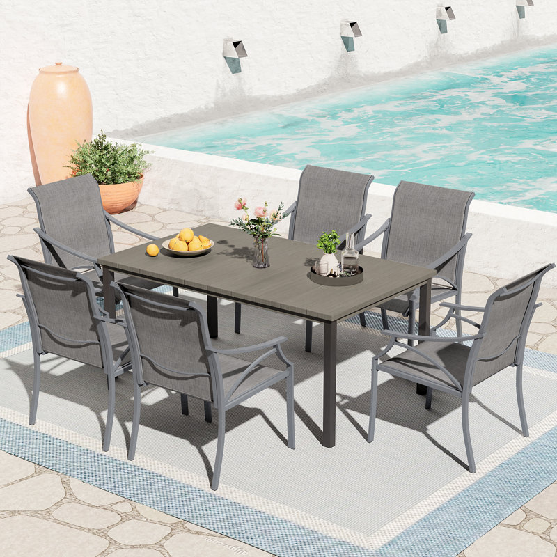 Ensemble repas d'extérieur 7 pièces avec structure en métal, Gris / aspect bois