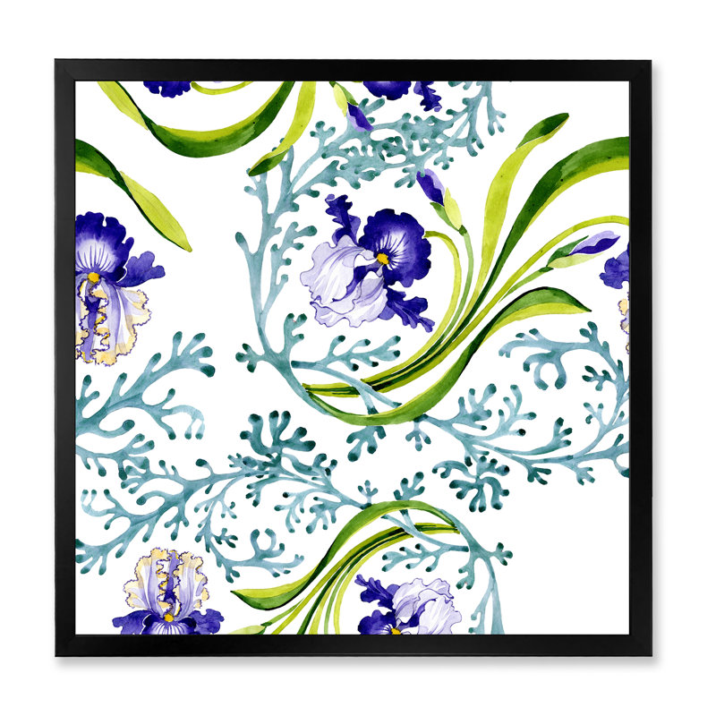 Iris bleu avec feuilles de printemps sauvages - peinture sur toile, H 30 po x l 30 po x P 1 po, Cadre photo noir