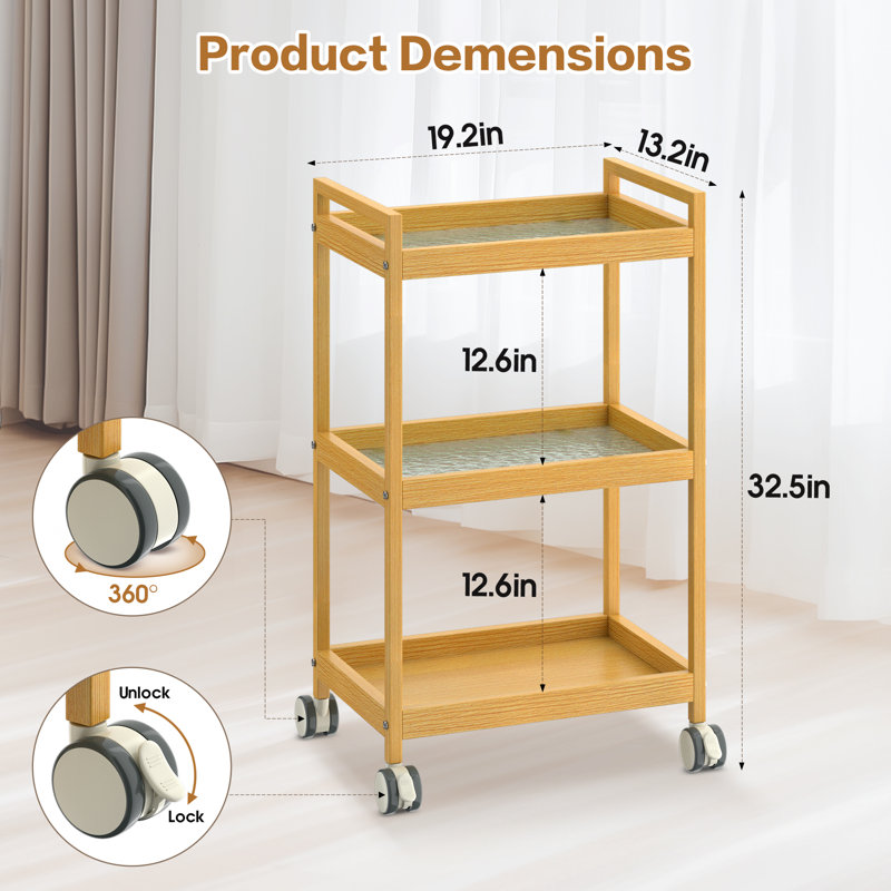 3-Tier Glass Utility Cart Rolling Metal Storage Organizer with Wheels, Brown