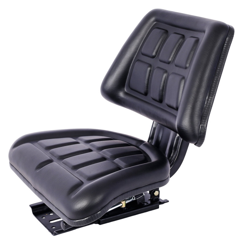 Siège de tracteur noir avec dossier et glissière, structure en acier avec coussin en PVC