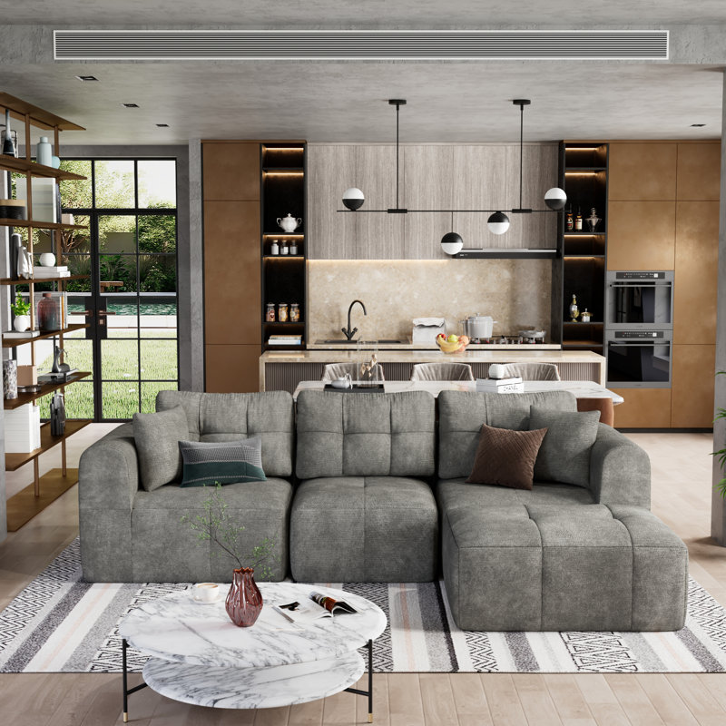 Canapé modulaire de 110 po avec assise profonde, canapé en nuage rembourré sans os en L avec repose-pieds convertible et accoudoirs larges pour le salon, sans assemblage requis
