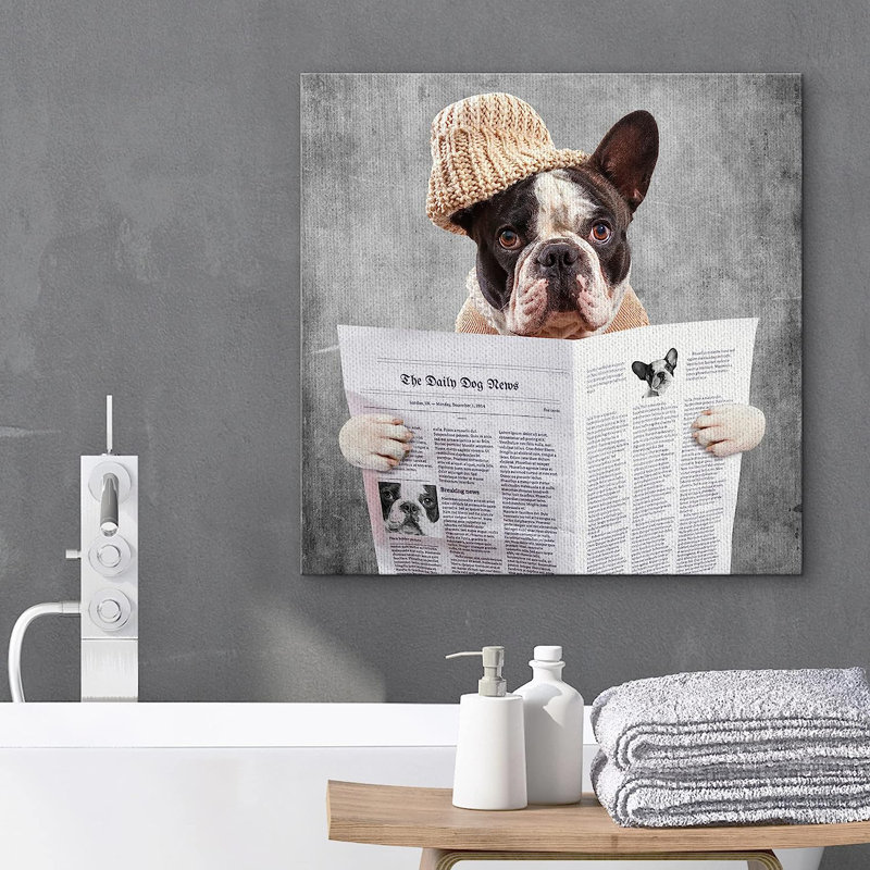 «Baby Animals», joli bouledogue au chapeau bonnet lisant le journal, décoration de salle de bain sur toile