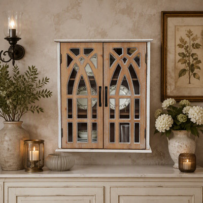 Vintage Wall-Mounted Cabinet with Decorative Cutout Doors, Rustic Wooden Hanging Storage Cabinet for Bathroom, Living Room, Bedroom, Farmhouse Style (