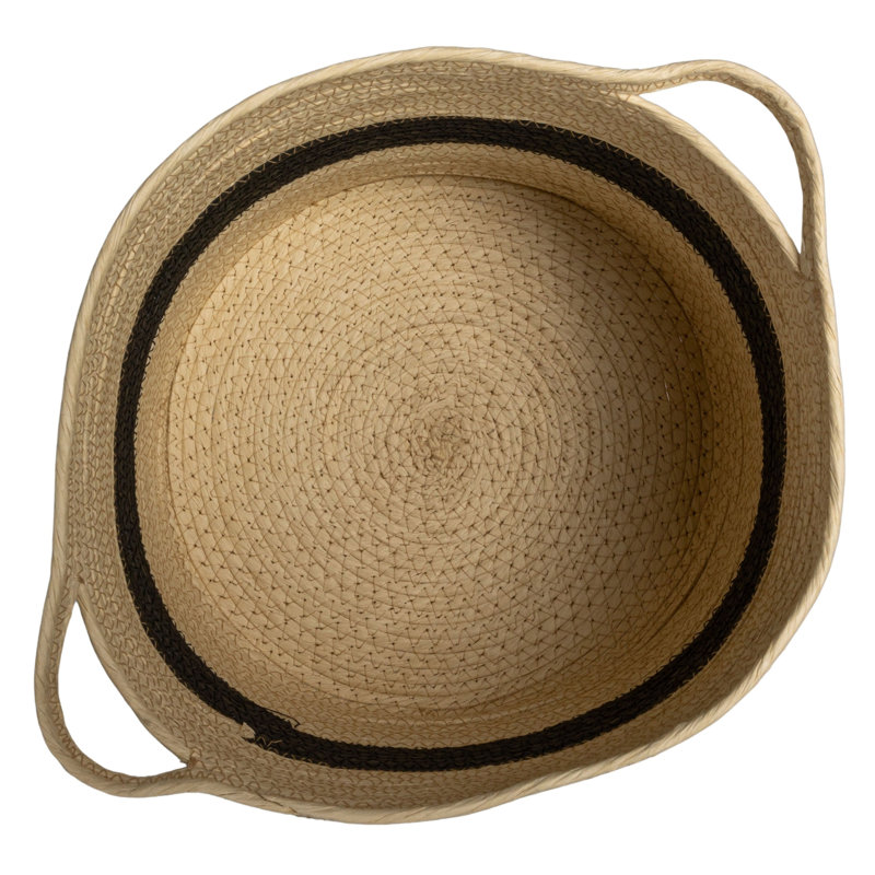 Natural Handwoven Paper Rope Basket with Black Stripe and Handles