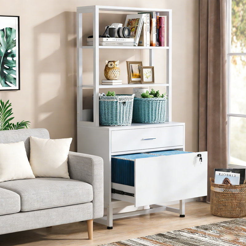 2 Drawers Tall File Cabinet with Shleves, White