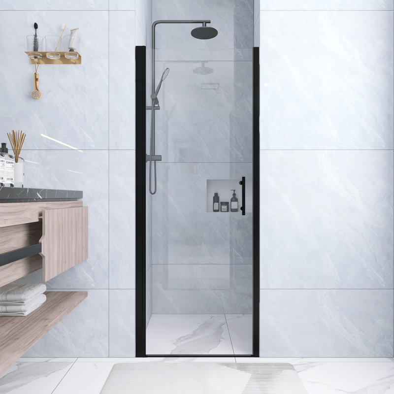 28 .In W X 72 .In H  Half  Frame,Pivot Shower Door  With 1/4 Inch Thick Clear Tempered Glass  In Matte Black  |Aluminum Frame | Stainless Steel Handle