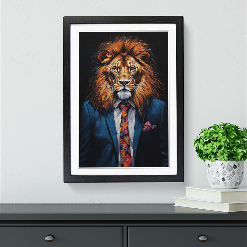 Lion In A Suit No.4 - Single Picture Frame Print on Wood, Black, 34cm H x 25cm W x 2cm D