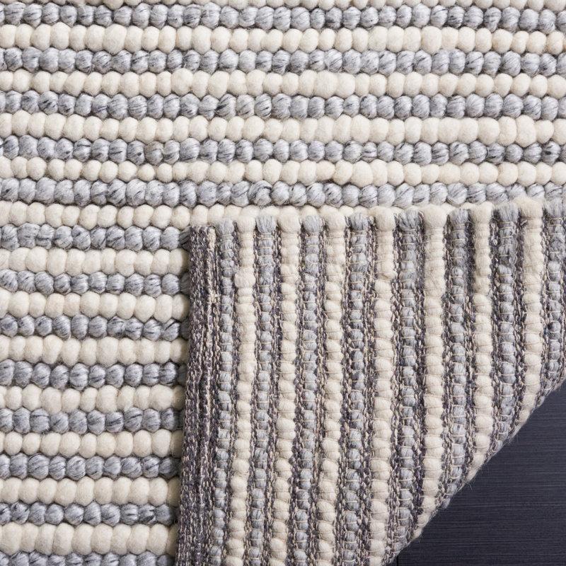 Tapis rayé fabriqué à la main Cleodora en ivoire / gris, Carré 8 pi