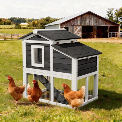 Outdoor Wooden Weatherproof Two-tier Small Chicken Coop With Tray And Openable Roof,black With White