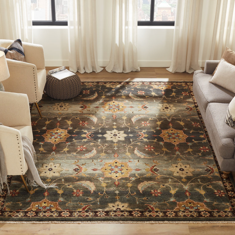 Oriental Hand-Knotted Wool Blue/Gray/Brown Area Rug, Rectangle 4' x 6'