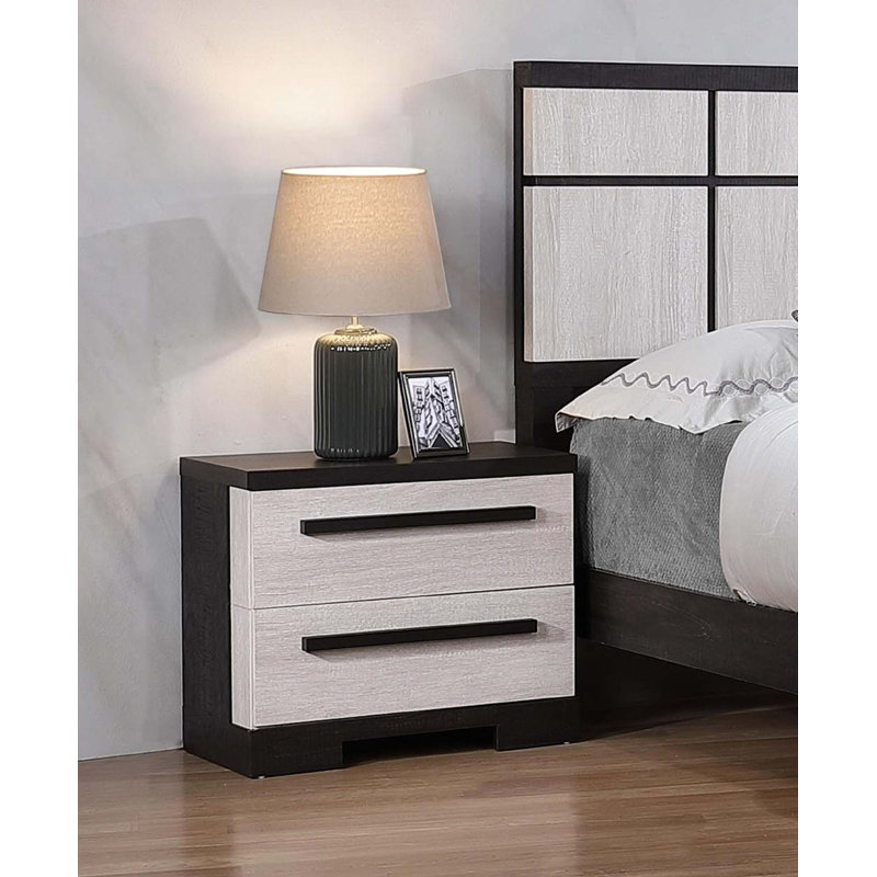 1Pc Contemporary 2-Drawer Storage Nightstand, Black/White