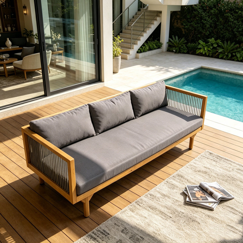 Outdoor Patio Sofa with Cushion, Grey+Teak