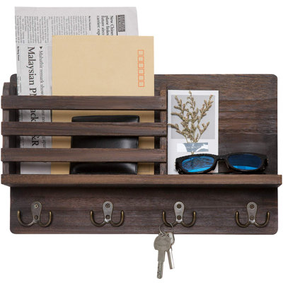 Wall Mounted Mail Holder Wooden Key Holder Rack Mail Sorter Organizer With 4 Double Key Hooks And A Floating Shelf Rustic Home Decor