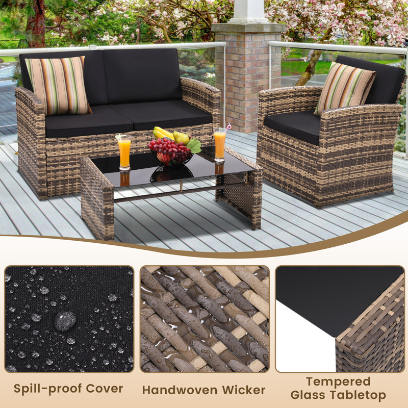 4-Piece All-Weather Wicker Patio Set – Rattan Sectional Sofa with Cushions and Glass Table, Natural Frame/Black Cushion