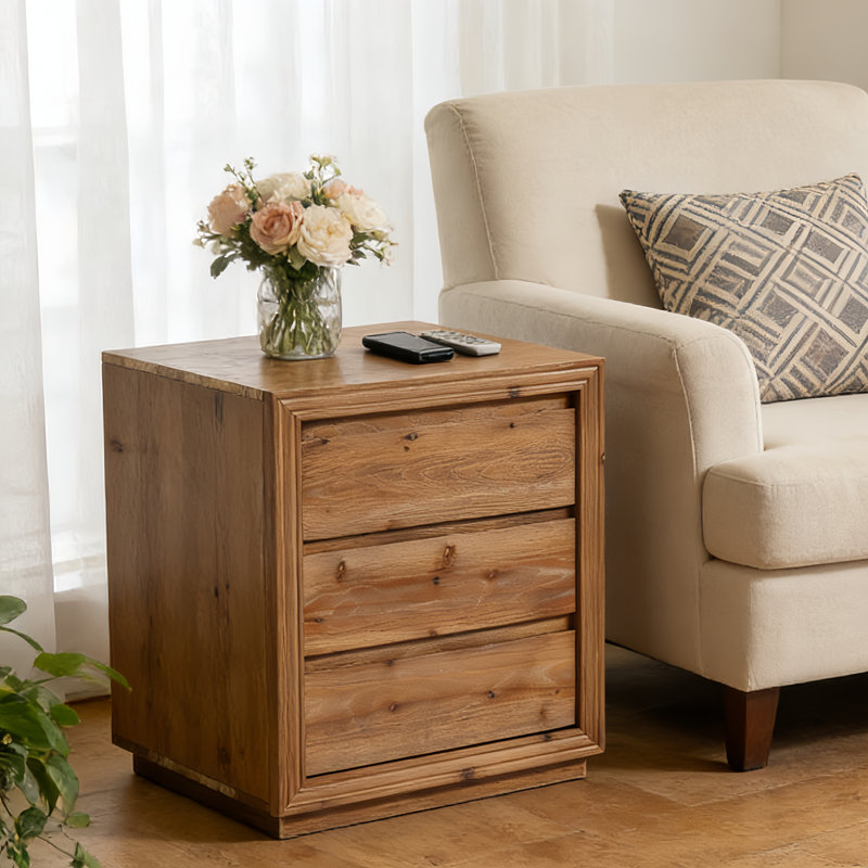 23.62" Solid Wood End Table, Rectangular Side Table With 3 Storage Drawers For Living Room, 1