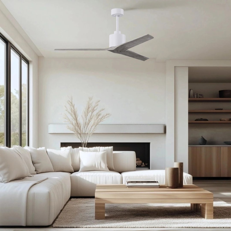 Ventilateur de plafond standard à 3 pales Ertugrul, Blanc mat, 60", Ton bois de grange