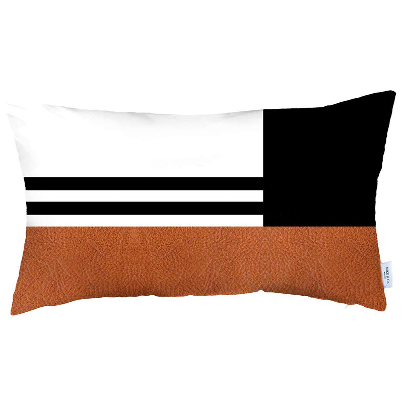 Bohemian Handmade Vegan Faux Leather Brown and Black Geometric Lumbar Pillow