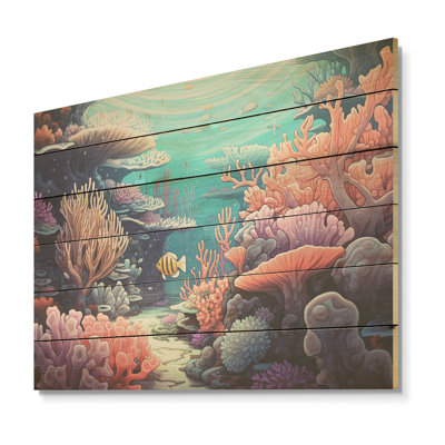 Kawaii Clownfish Coral Lansdscape - Coastal Coral Under Water Wood Wall Art On Natural Pine Wood