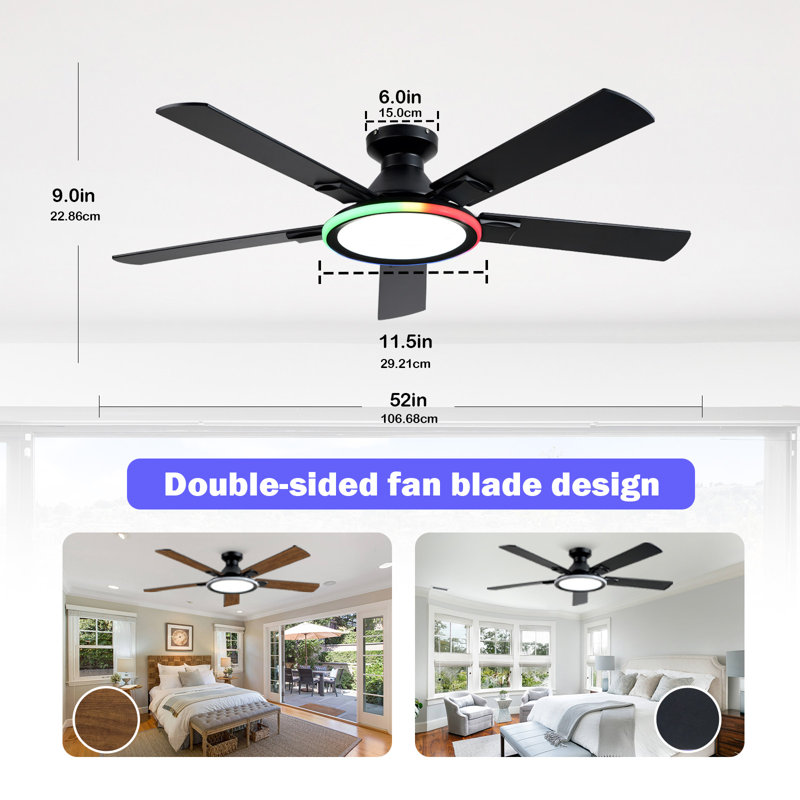  52-inch Extendable Smart Music Ceiling Fan Light Flush-Mount Installation, Bluetooth Speaker Full Spectrum Lighting Edge Ambient Lighting 6-Speed Adjustment Remote/App Dual Control