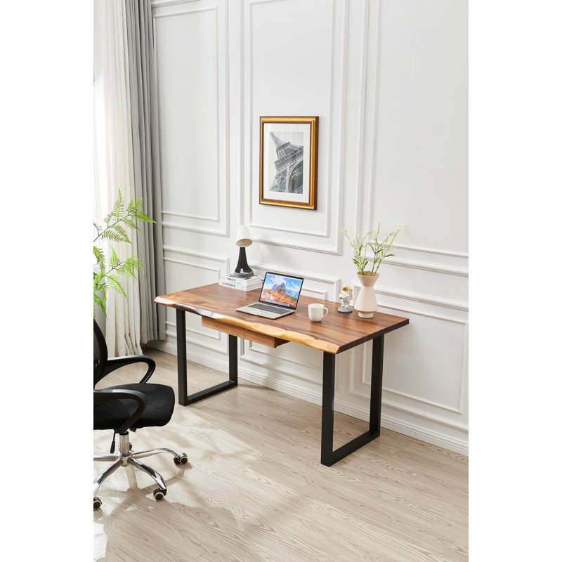 Live Edge Desk with U Shaped Legs and South American Walnut, with Drawer Storage, 29.5" H x 58" W x 28" D