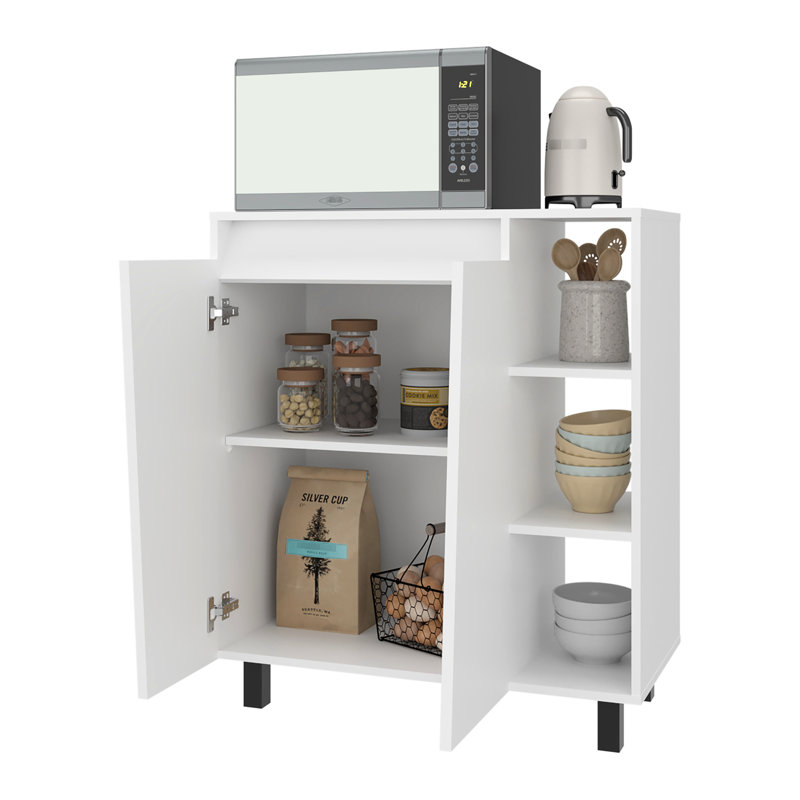 Garde-manger autoportant blanc avec rangement intégré et surface pour micro-ondes, armoire à 2 portes, 3 tablettes latérales, idéal pour la salle à manger, conception moderne, fabrication de panneau de particules, ouverture profonde de 16,28 po
