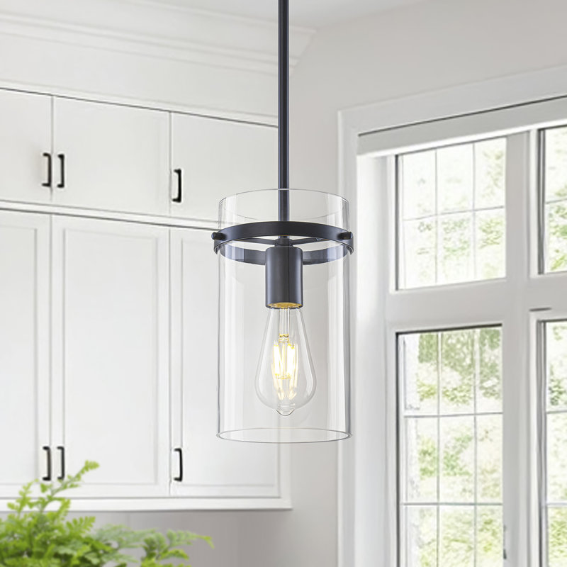 Luminaire suspendu cylindrique en verre transparent 5,5 po pour îlot de cuisine 1 lumière Cylon, Noir mat