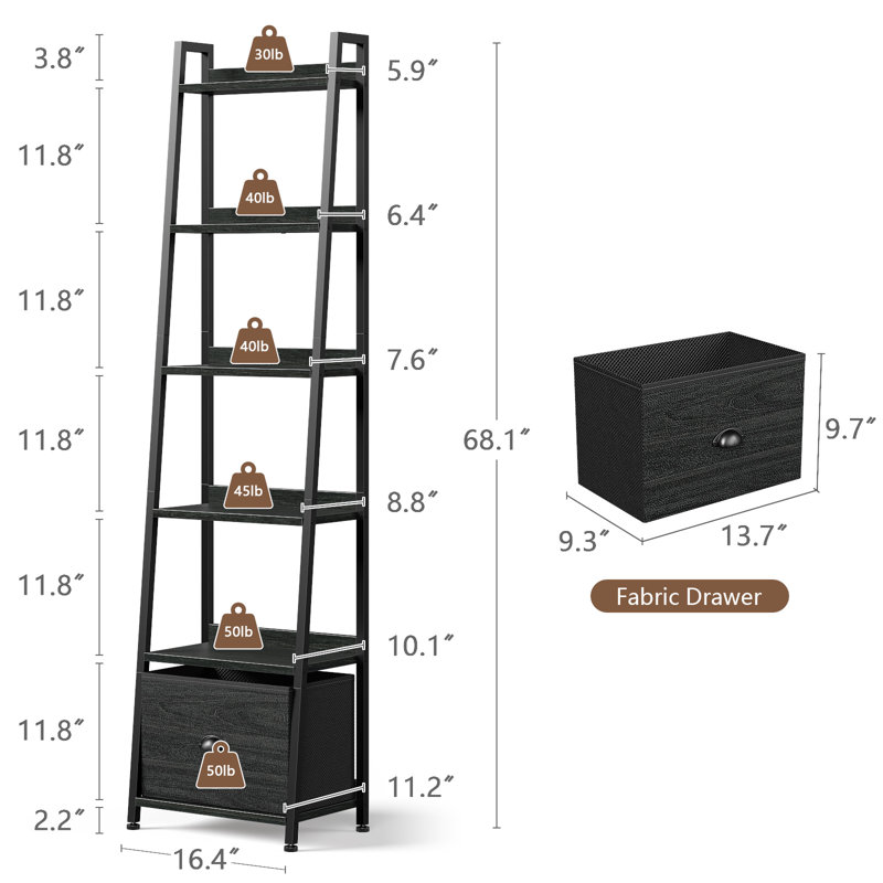68.1"H X 16.4"W Industrial-style modern wooden metal ladder bookshelf with fabric drawers, Black Oak