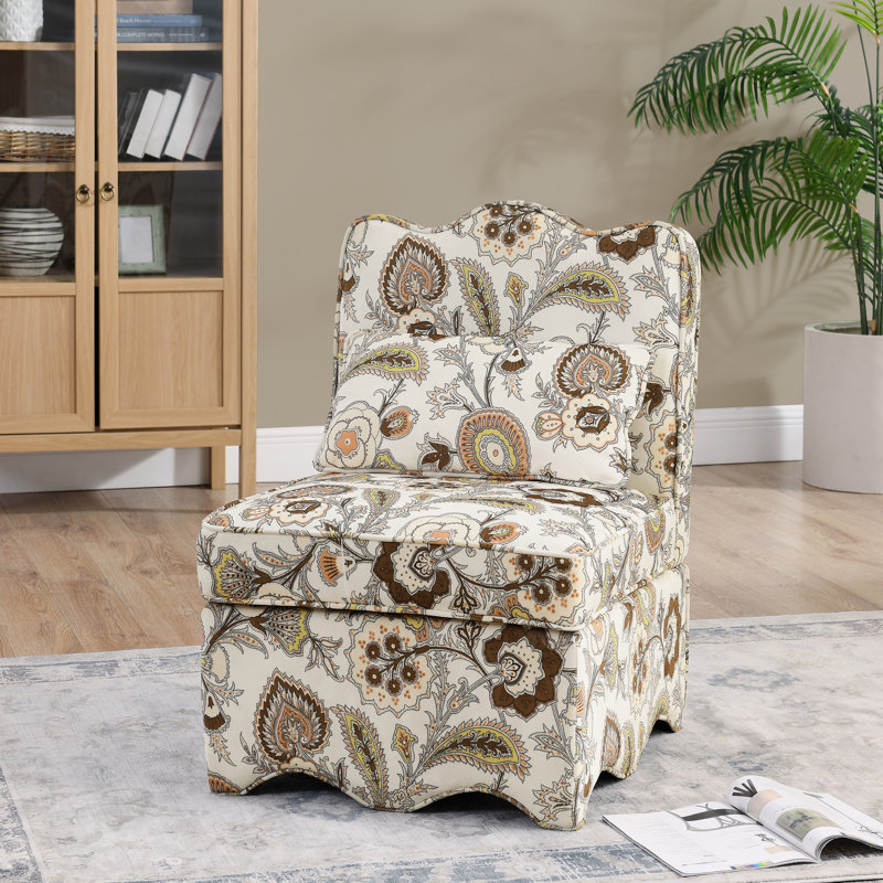 Armless Accent Chair With Floral Pattern Slipper Side Chair Upholstered Single Sofa Lounge Chair With Pillow, Brown Velvet